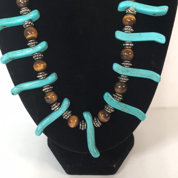 Beautiful Turquoise Colored Howlite and Tiger Eye Beaded Necklace for Women - Picture 2 of 7
